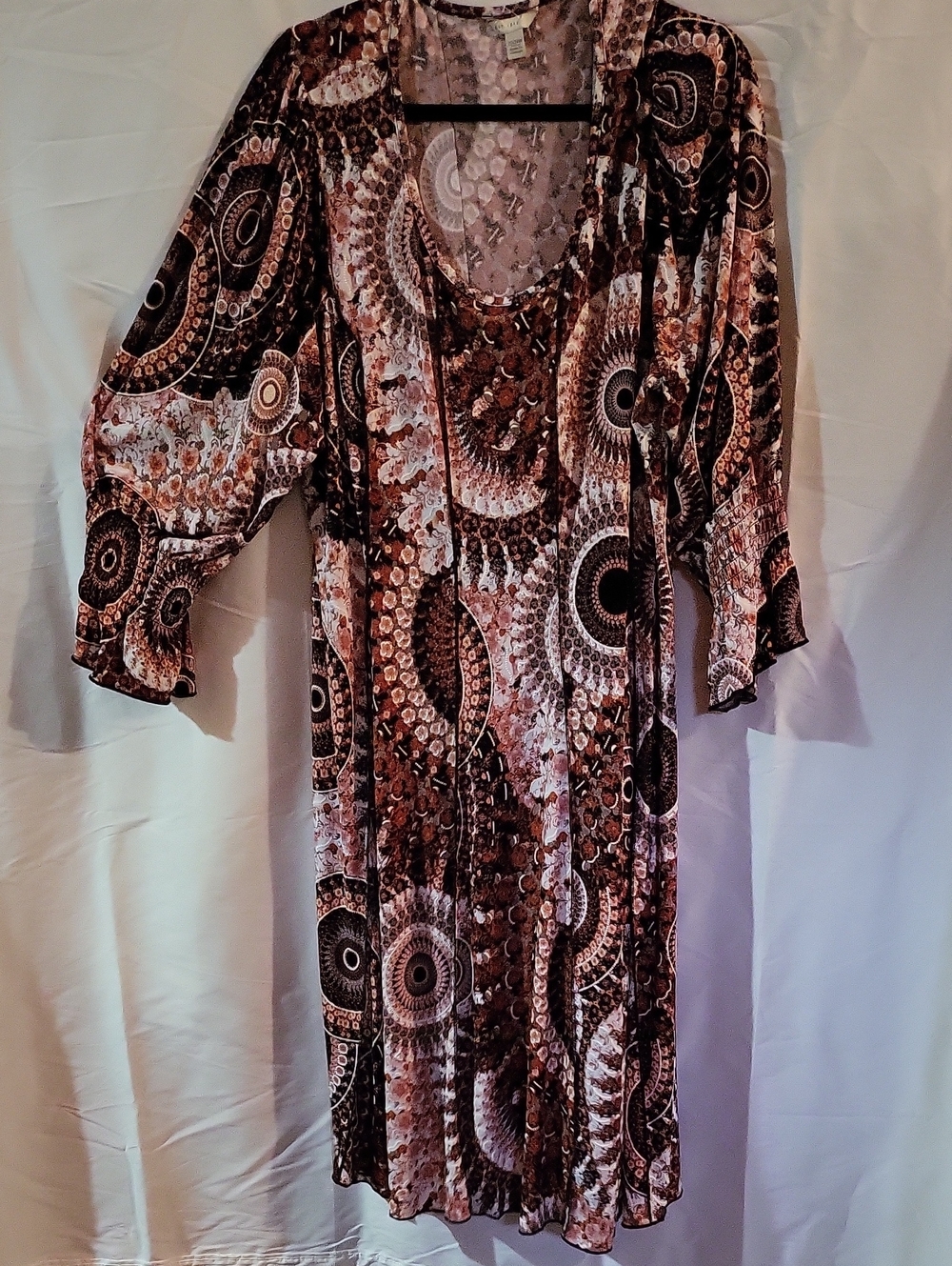 Brown Printed Long Sleeve Scoop Neck Dress